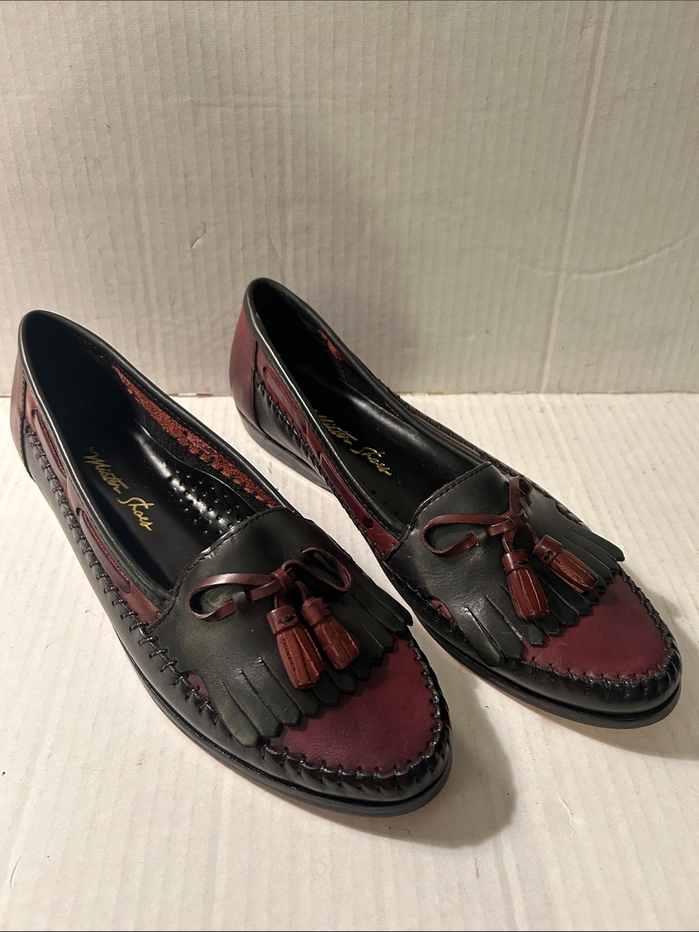 Mister Shoes Two-Tone Black & Burgundy Tassel Loafers
